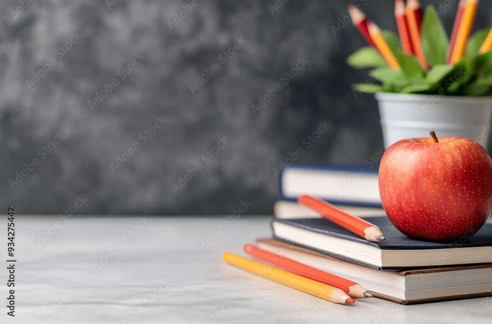 Poster fresh red apple sits on stacked notebooks in a classroom with colorful pencils in background