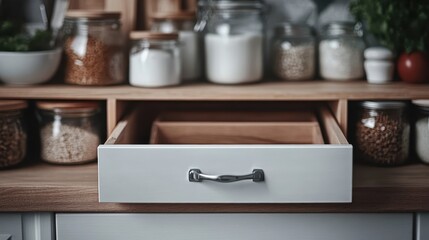 An empty kitchen drawer pulled out on a wooden countertop, surrounded by various jars filled with grains, spices, and ingredients, presenting an organized culinary workspace.