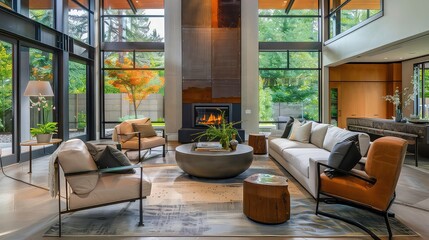 Fototapeta premium A modern living room with large windows overlooking a lush green garden, featuring a fireplace, comfortable seating, and a unique coffee table.