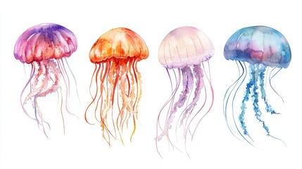 Set of hand painted watercolor jellyfish on a white background