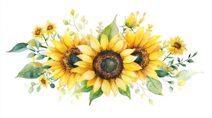 Naklejka premium Rustic farmhouse sunflower bouquet in watercolor summer floral arrangement on a white backdrop
