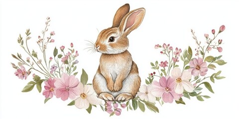 Obraz premium Watercolor depiction of a rabbit seated within a circle of spring blooms featuring vintage bunny motifs on a white backdrop Springtime celebration theme