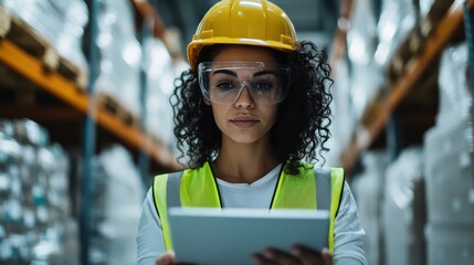 A woman wearing a yellow helmet and reflective vest stands in a warehouse aisle with a tablet, emphasizing the importance of technology and safety in the workplace.