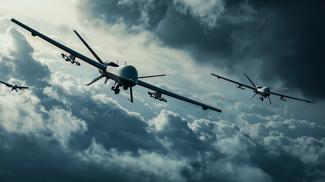 Military drones flying through stormy skies on a mission, ready for action
