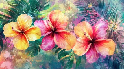 Tropical flowers in bloom featuring a digital watercolor design