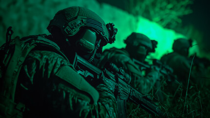 Special forces soldiers equipped with night vision gear during a night operation
