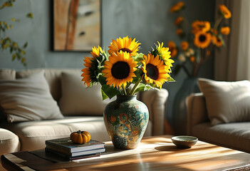 Vase with sunflowers and books on table in light living room