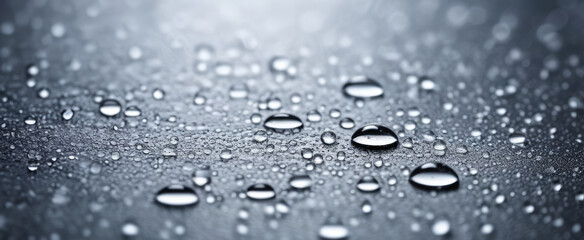 Drops of water on silver surface. Raindrops sparkling macro, abstract splash closeup backgrounds