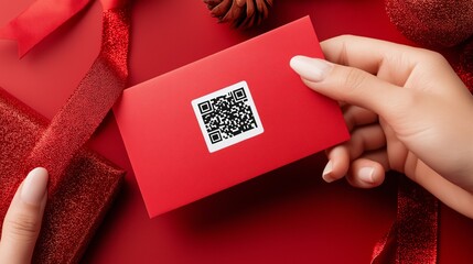 A person holding a red Christmas card with a QR code on a festive red background