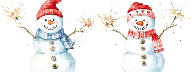 Two cheerful snowmen with clocks and sparklers in a festive atmosphere smiling and celebrating Watercolor hand painted elements on a white background