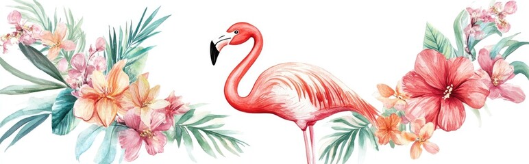 Tropical floral wreath with a flamingo in watercolor style ideal for greeting cards or invitations