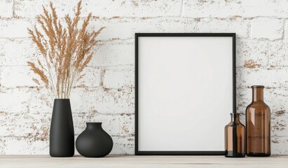 Minimalist interior decor with empty frame and dried flowers on a wooden table