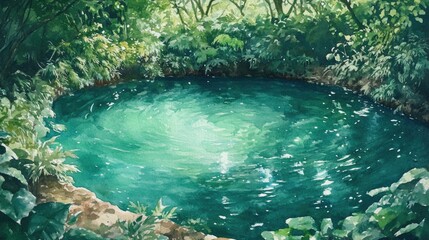Watercolor depiction of a tranquil pool in shades of emerald