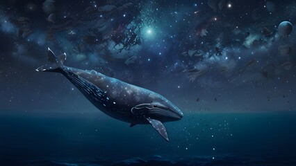 Fototapeta premium Surreal AI art of a floating whale in a starry night wallpaper in 4k 