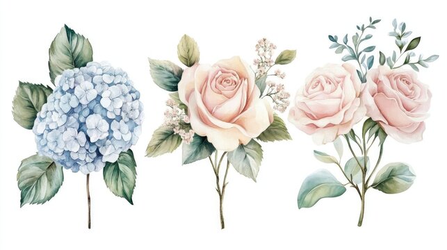 Watercolor bouquet featuring roses and hydrangeas botanical design with greenery suitable for spring and summer themes clipart for wedding invitations save the date cards bridal showers vintage st