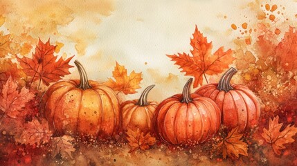 Naklejka premium Thanksgiving harvest celebration Watercolor artwork featuring autumn leaves and pumpkins Hand painted design