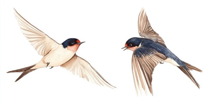 Swallow and martlet against a clear white sky showcasing birds in their natural environment Barn swallow in flight with wings extended Wildlife illustration featuring watercolor art of wild animals