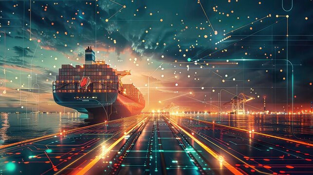 A large cargo ship sits in a harbor at night, with a glowing, futuristic network of lines and dots overlayed on the scene.
