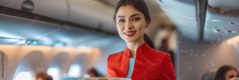 Poster The flight attendant offers snacks to smiling passengers while maintaining a warm and friendly atmosphere in the cabin. Generative AI