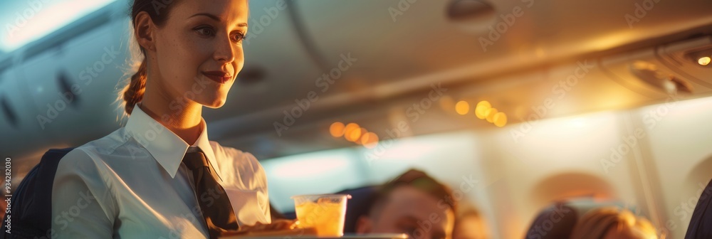 Poster A flight attendant provides drinks to passengers while navigating the aisle of a spacious airplane cabin. Generative AI