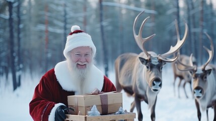 Santa claus delivering gift boxes on sledge with reindeer in snowy winter forest
