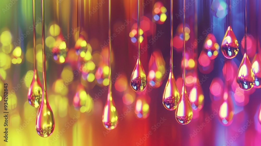 Poster a close-up of shiny, colorful droplets hanging from strings against a blurred background. the drople