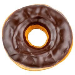 Donuts or Doughnuts. One Donut or Doughnut with chocolate brown glazed cream or icing without sprinkles. Dessert on birthday, holiday party. Advertising coffee shop, bakery, cafe. American style Donut