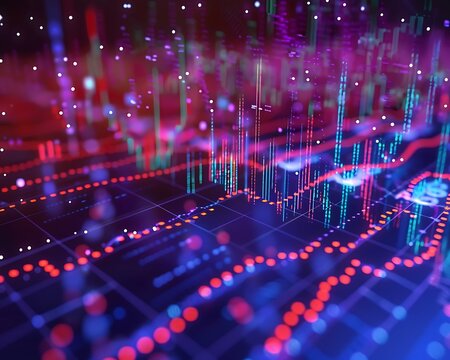 Create a scatter plot showing a positive correlation, with stock prices and trading volumes climbing together, each dot representing a strong upward trend.