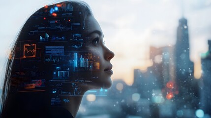 Woman's profile with digital data overlay against a blurry urban backdrop