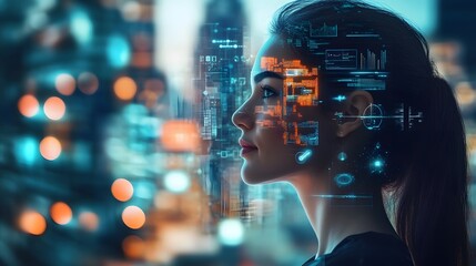 Woman's profile with digital data overlay against a blurry urban backdrop