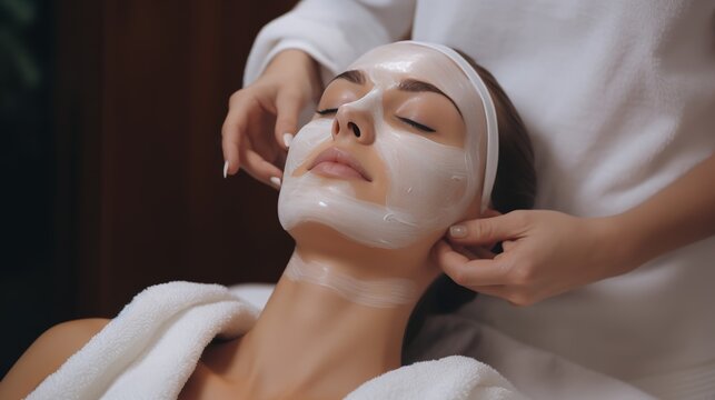 Female client relax with closed eyes, lay on couch at beauty spa salon with white nourishing mask, cosmetologic procedure, skincare concept