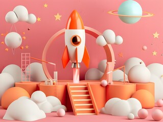 Futuristic Rocket Launch Platform in Imaginative Cosmic Setting