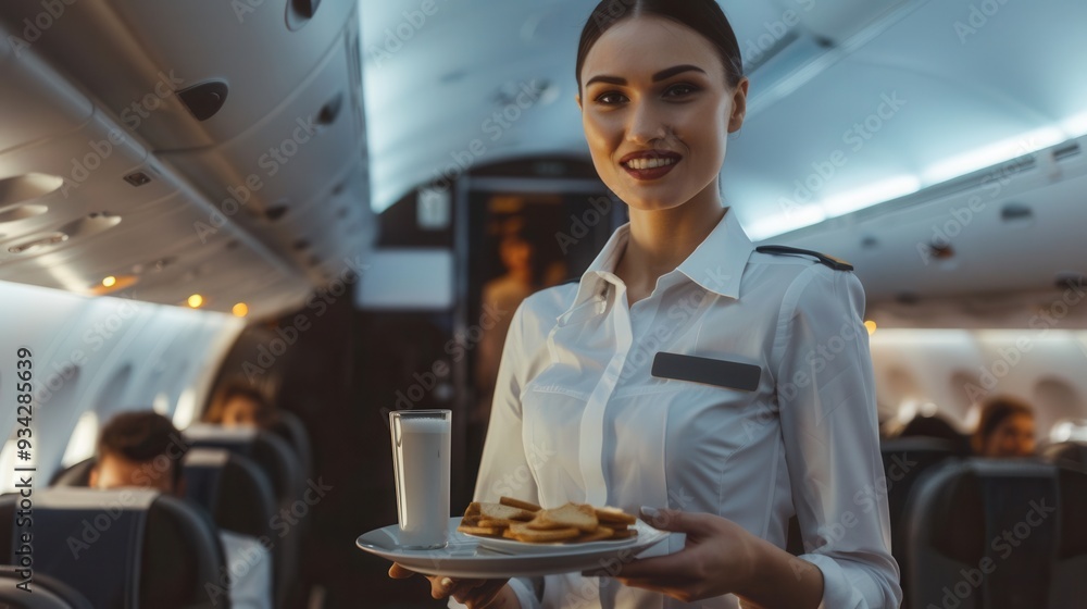 Poster a flight attendant is smiling while offering a plate of cookies and a glass of water to passengers s