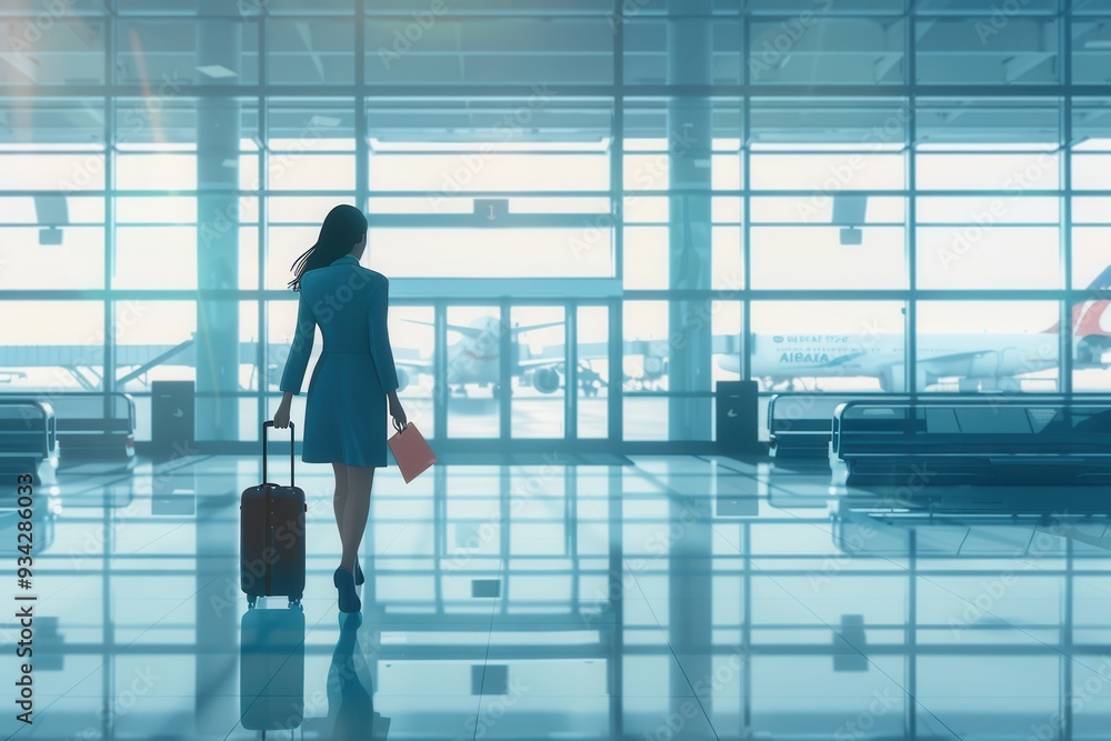 Poster a flight attendant walks confidently through the terminal, carrying a suitcase while heading towards
