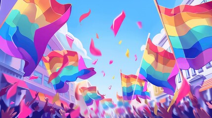 A crowd of people celebrate with rainbow flags flying in the air, confetti falls as people reach up and cheer.