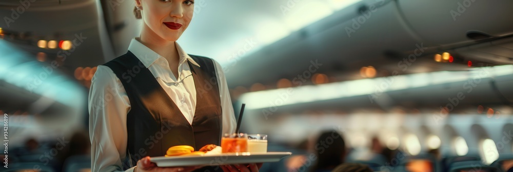 Poster a flight attendant cheerfully presents a tray of drinks and snacks to travelers seated on an airplan