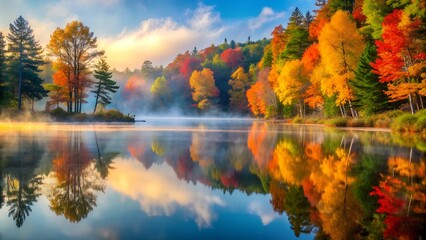 Autumn morning with mist rising over a quiet lake surrounded by colorful trees