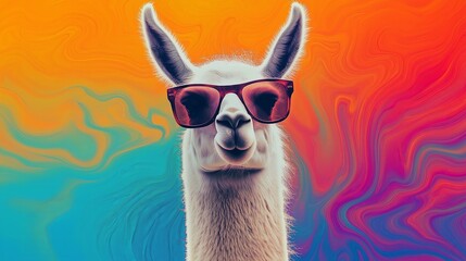 Obraz premium Cool Llama with Sunglasses on a Psychedelic Background