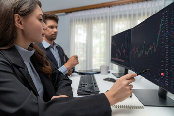 Two business traders discussing on dynamic stock market in currency rate investment trading on two pc screens with compare real time graph on risk or profit point of data at modern office. Postulate.