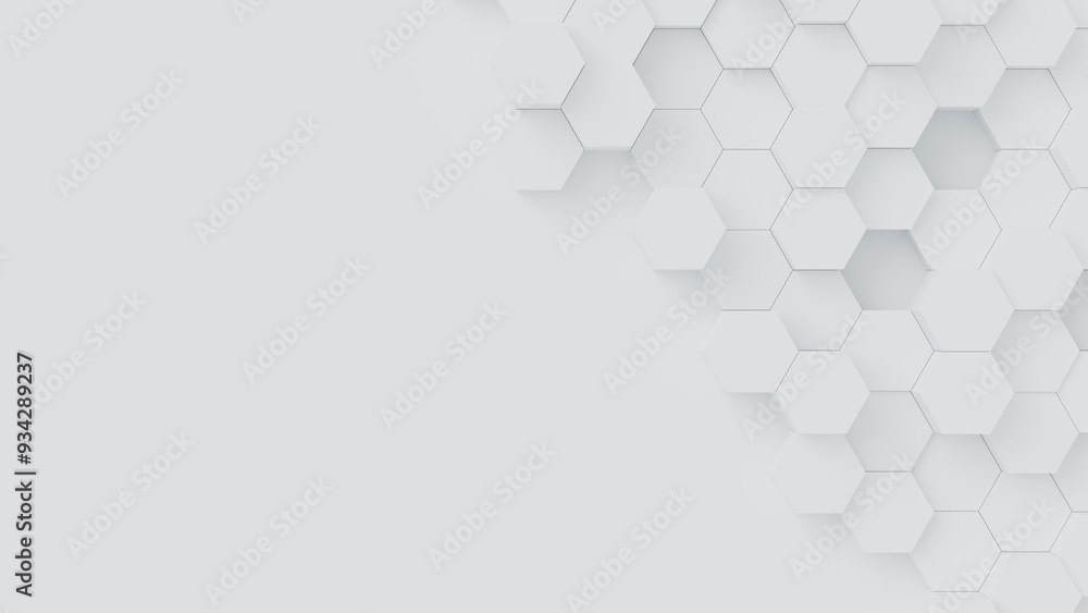 Poster white hexagons with random size on white backdrop. a place for text on the left. abstract 3d render 