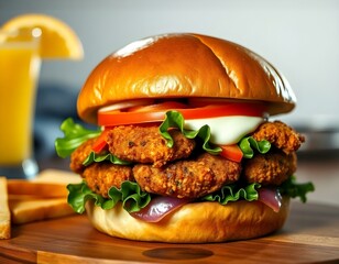 A crispy fried chicken burger with lettuce, tomato, and creamy sauce on a soft bun, served with a glass of orange juice in the background create with ai