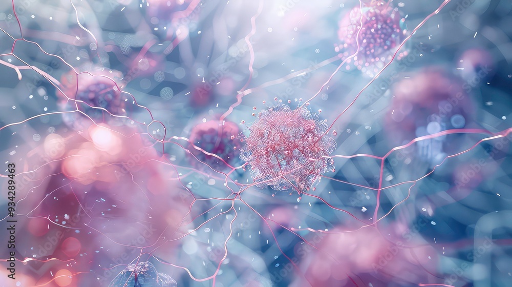 Poster a microscopic image of a virus with a detailed structure of proteins and spikes, surrounded by a net