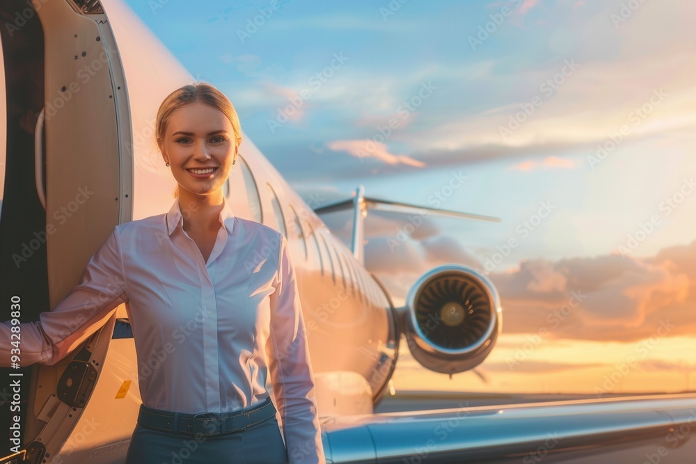 Poster a flight attendant stands at the aircraft entrance, smiling while inviting travelers to board as the