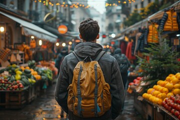 Exploring a Bustling Market Filled With Fresh Produce and Colorful Stalls During a Rainy Day