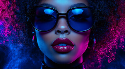 A beautiful Black woman with curly hair and sunglasses, with blue lips, in a close-up of her face in neon light.