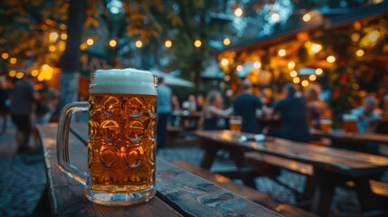 Oktoberfest beer mug on rustic table amidst festive outdoor beer garden gathering