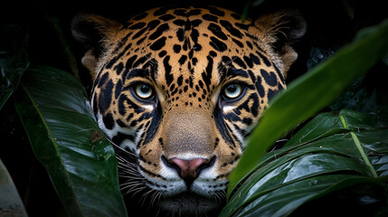 A jaguar peeks out from behind large leaves