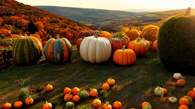 ield of pumpkins in the fall