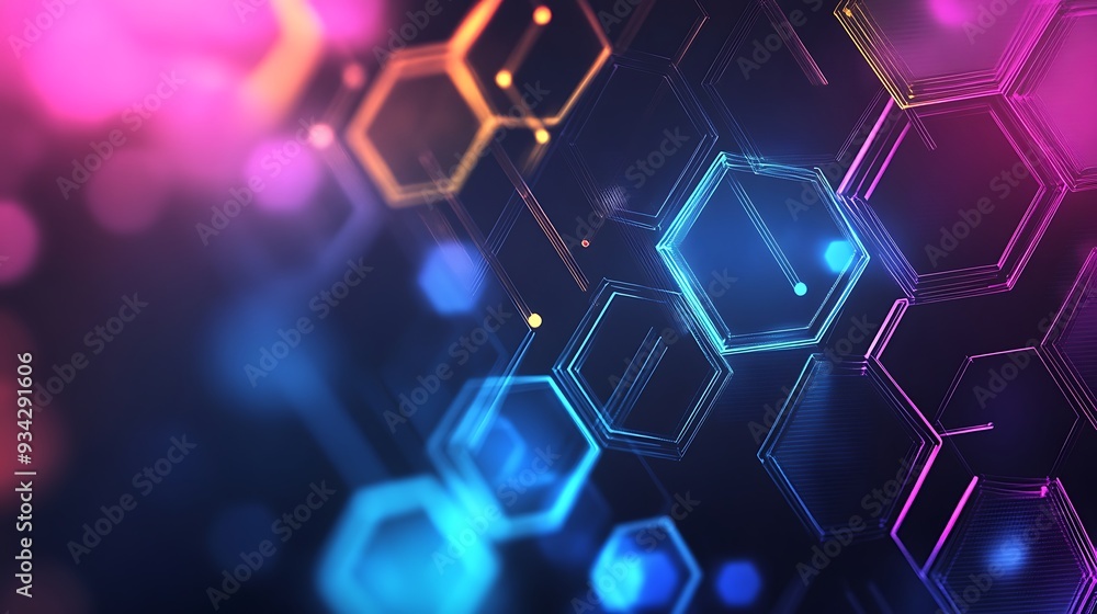Poster abstract background with glowing hexagons and colorful bokeh lights.