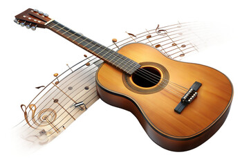 Obraz premium A wooden acoustic guitar resting on a swirl of musical notes, symbolizing the joy of music creation and the artistry of string instruments isolated on transparent background